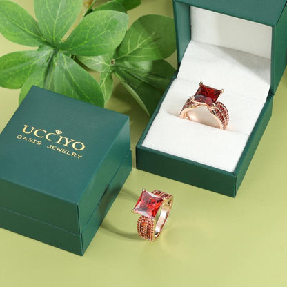 [R176] UCCIYO Classic Elegant Cubic Zirconia Ring S925 Silver 6Ct Princess Cut Vintage Engagement Ring Red Gold High-End Prefect Brithday Wedding Gift